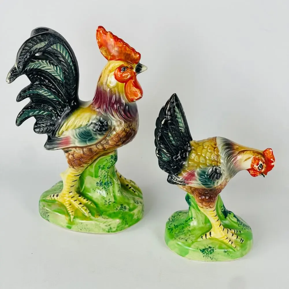 Vintage Ceramic Rooster and Hen Figurine Kitsch Farmhouse Decor